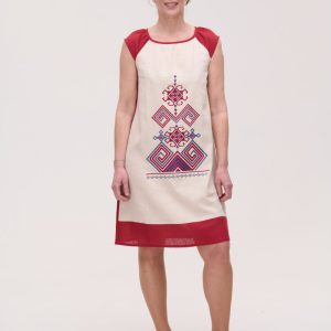 Вишита сукня бордова лляна Infinity короткий рукав