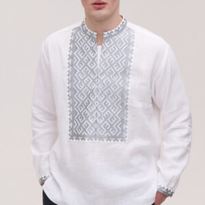 Чоловіча вишиванка біла лляна з срібним взором Podilya