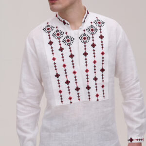 Чоловіча вишиванка біла лляна Krip з червоно-чорною вишивкою