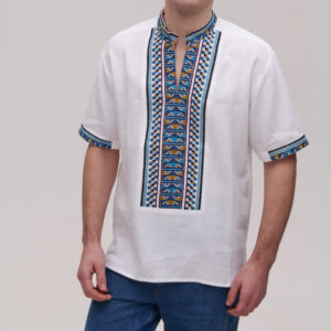 Вишиванка чоловіча лляна з ручною вишивкою Boho на короткий рукав