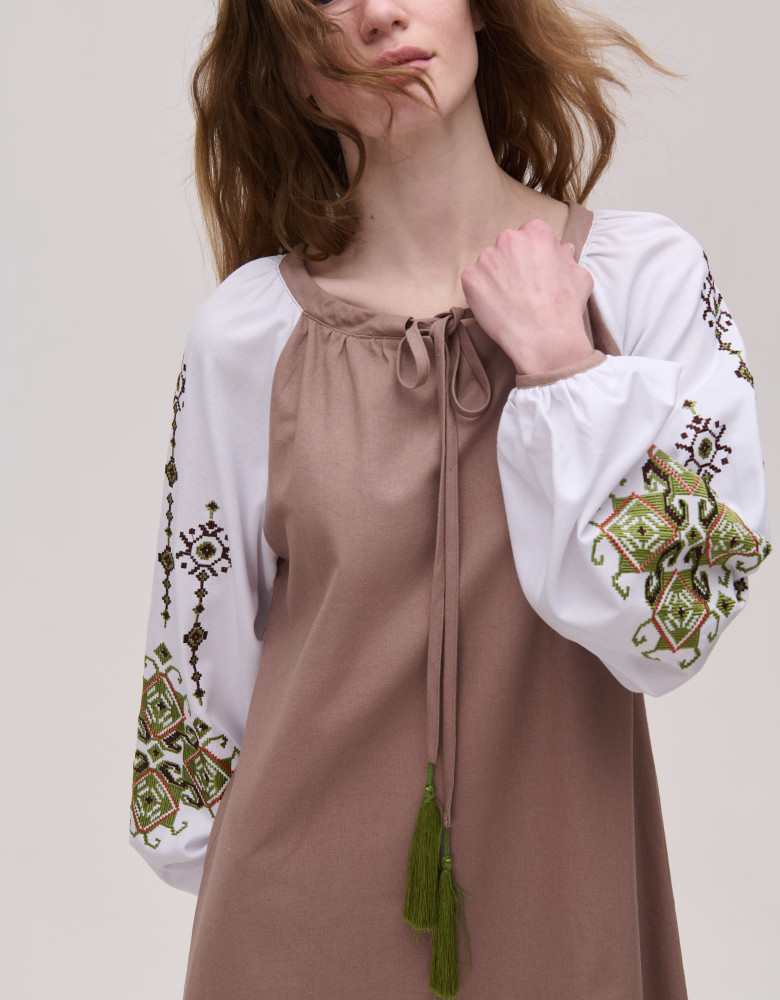 Вишита сукня брунатна лляна Krip - Зображення 3